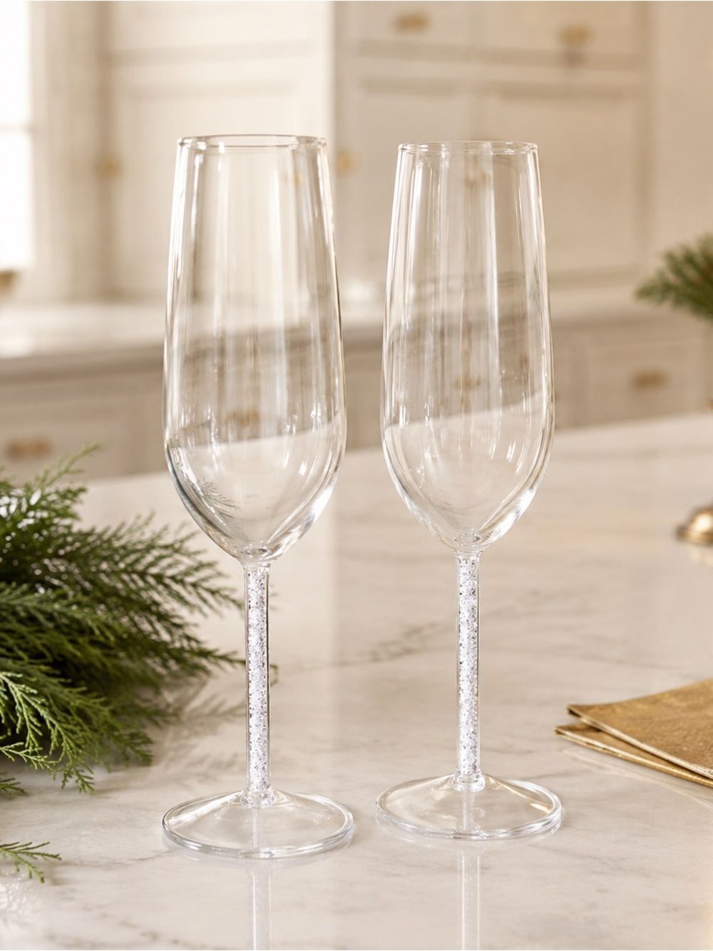 Rogers Garden glass Champagne Flutes Crystal Filled Stem Set of 2